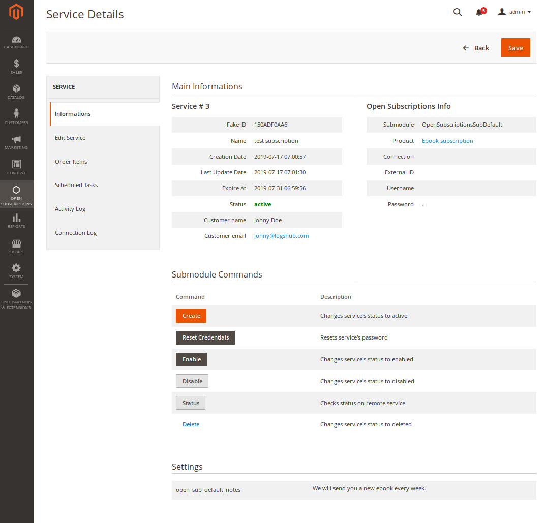 Open Subscriptions for Magento - service's admin view